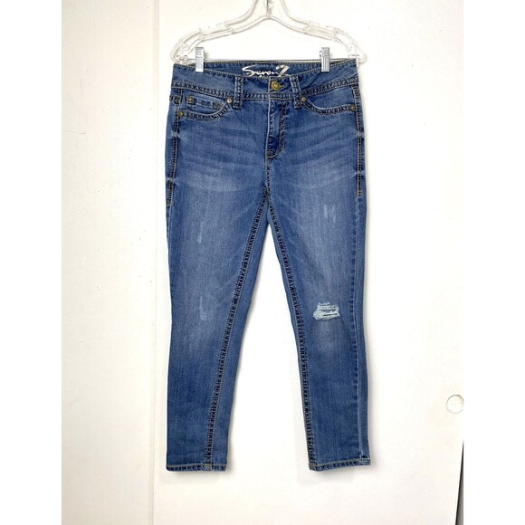 Seven7 Jeans Women's Blue Mid Rise Skinny Cotton Blend Denim Size 6 Distressed - Picture 1 of 14